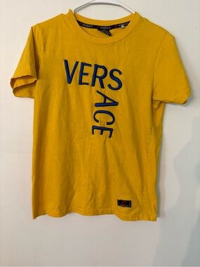 Versace Yellow Short Sleeve Logo Tee with Blue Embroidery
